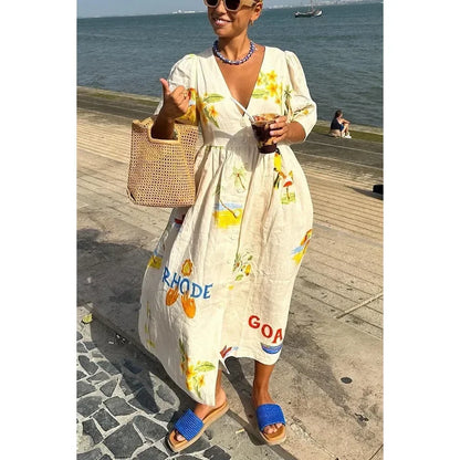 Women's Boho Printed V-Neck Puff Sleeve Loose Vacation Maxi Dress