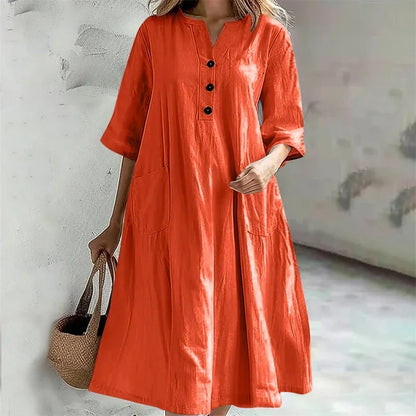 Women's Loose Cotton Linen Half-Sleeve Casual Midi Dress with Pockets