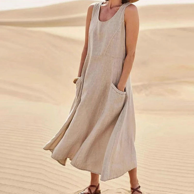 Women's Summer Cotton Linen Sleeveless Loose Maxi Dress with Pockets