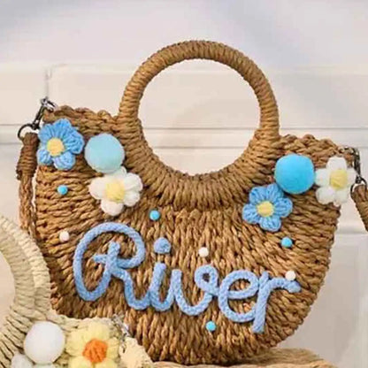 Personalized Hand-Woven Straw Tote Bag – Custom Embroidered Beach & Vacation Crossbody Bag