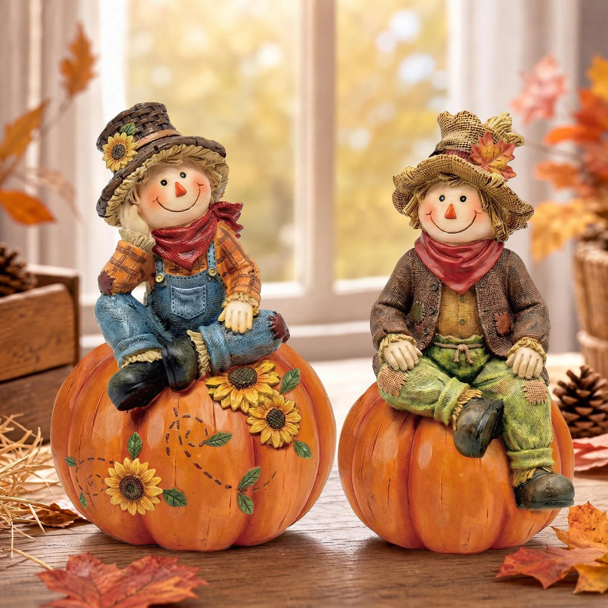 2-Piece Autumn Scarecrow Wooden Table Ornaments - Thanksgiving Standee Decor Set