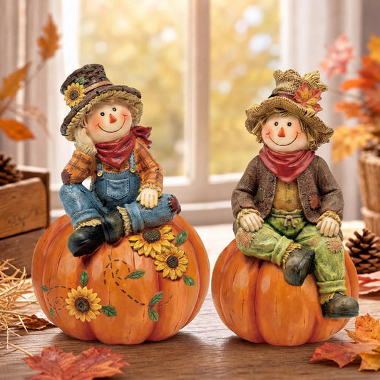 2-Piece Autumn Scarecrow Wooden Table Ornaments - Thanksgiving Standee Decor Set