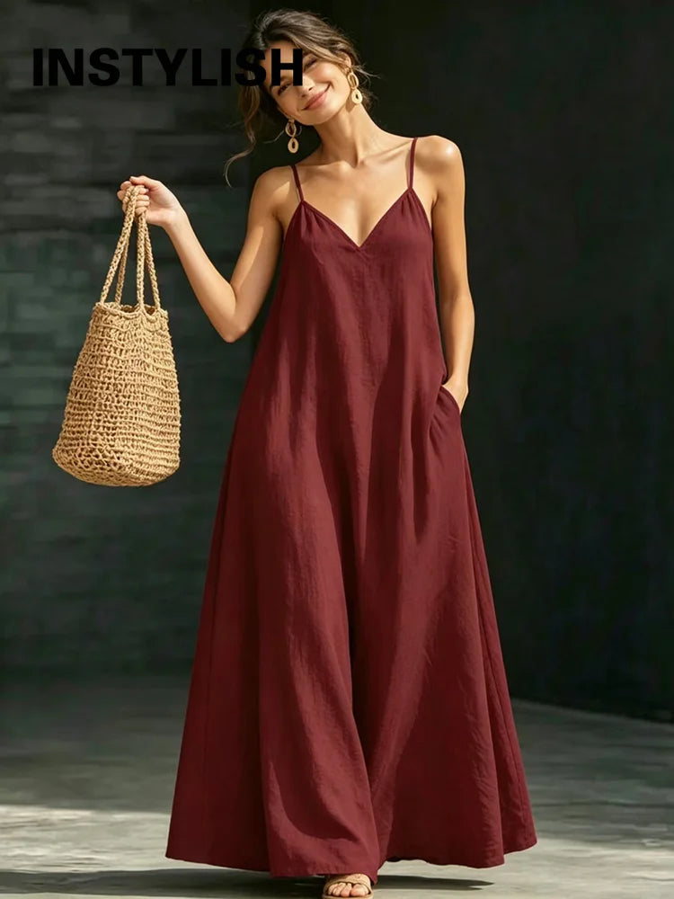 Women’s Casual V-Neck Spaghetti Strap Maxi Dress – Loose Swing Summer Beach Sundress