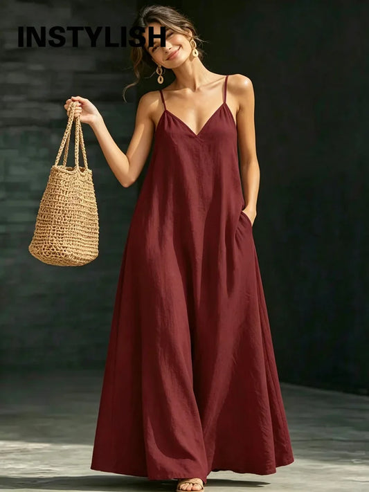 Women’s Casual V-Neck Spaghetti Strap Maxi Dress – Loose Swing Summer Beach Sundress