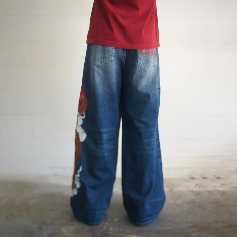 Dragon Graffiti Embroidered Loose Wide Leg Distressed Jeans
