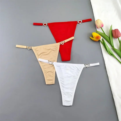 3Pcs Women's Seamless Ice Silk Thong Set - Low Waist Thin Strap G-String Panties with Rhinestone Buckle