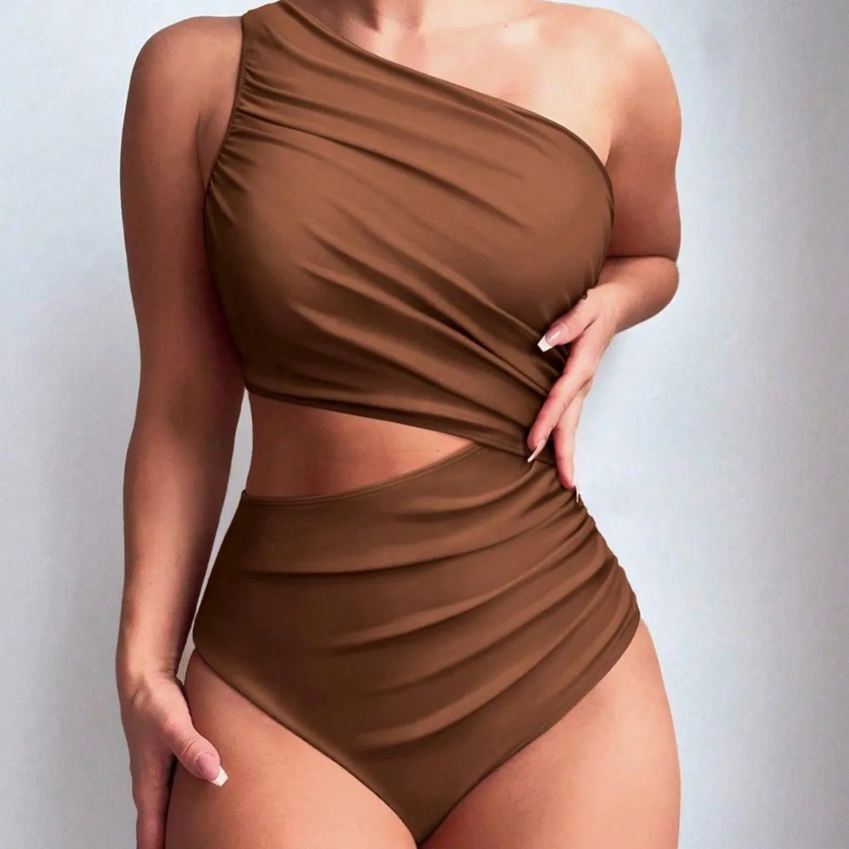 One-Piece Single-Shoulder Solid Color Bikini Bottom Bathing Suit