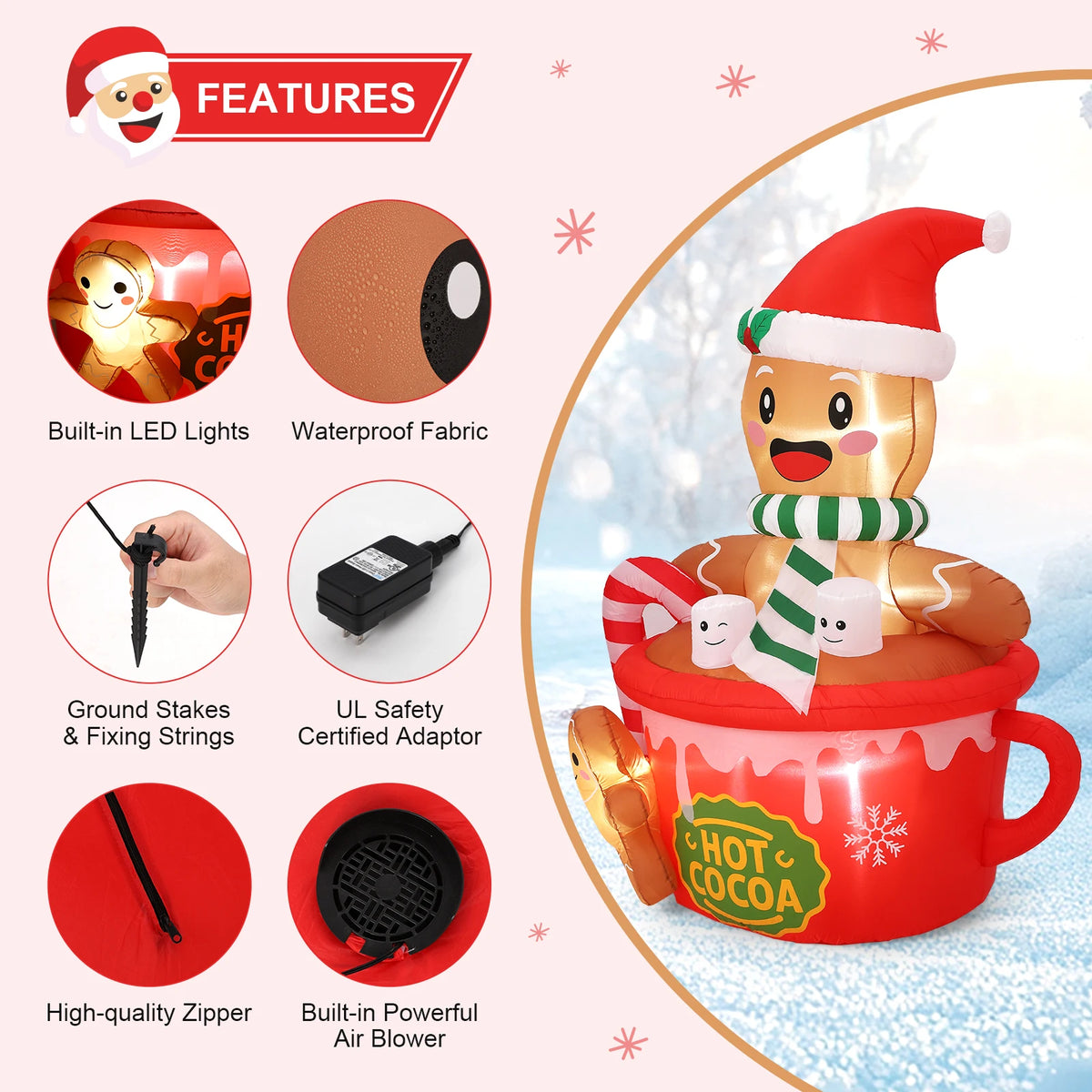 6ft Gingerbread Man Hot Cocoa Mug Christmas Inflatable LED Yard Decor