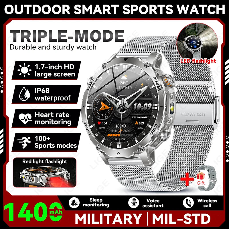 Military Outdoor Smartwatch with Flashlight