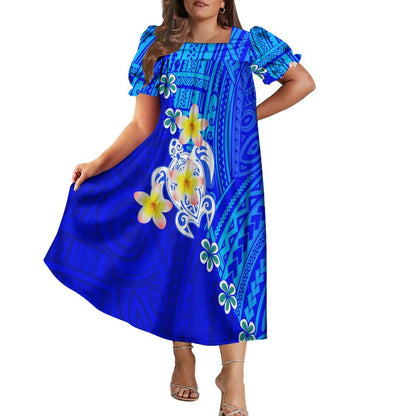 Women's Short-Sleeve Puff Sleeve Square Neck Midi Dress