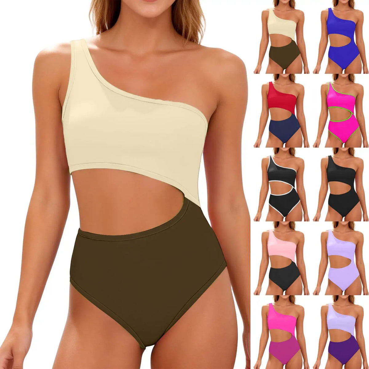 Women's Fashion Color Block One-Shoulder One-Piece Swimsuit