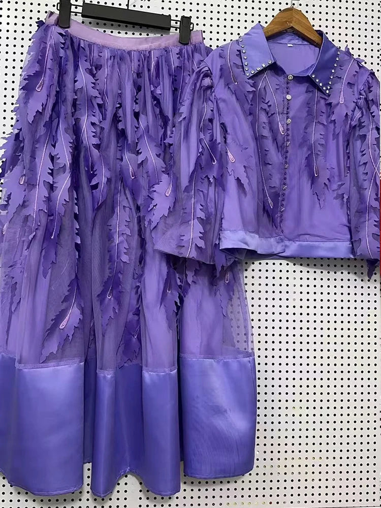 Women's Elegant 2-Piece Puff Sleeve Top & Rhinestone Waist Fluffy Skirt Set