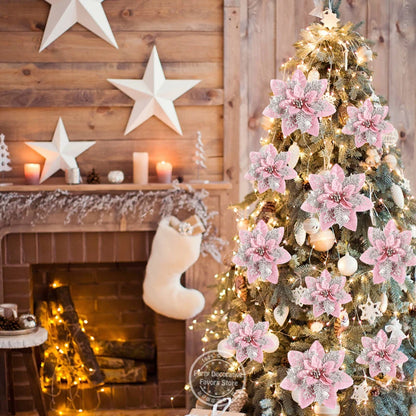 Glitter Pink Christmas Tree Flower Ornaments