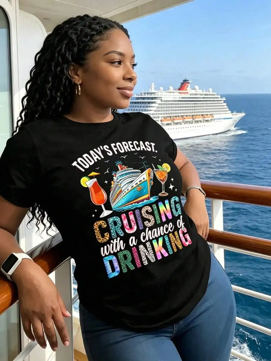 Women’s 100% Cotton Cruise Ship Graphic T-Shirt – Casual Vacation Short Sleeve Tee