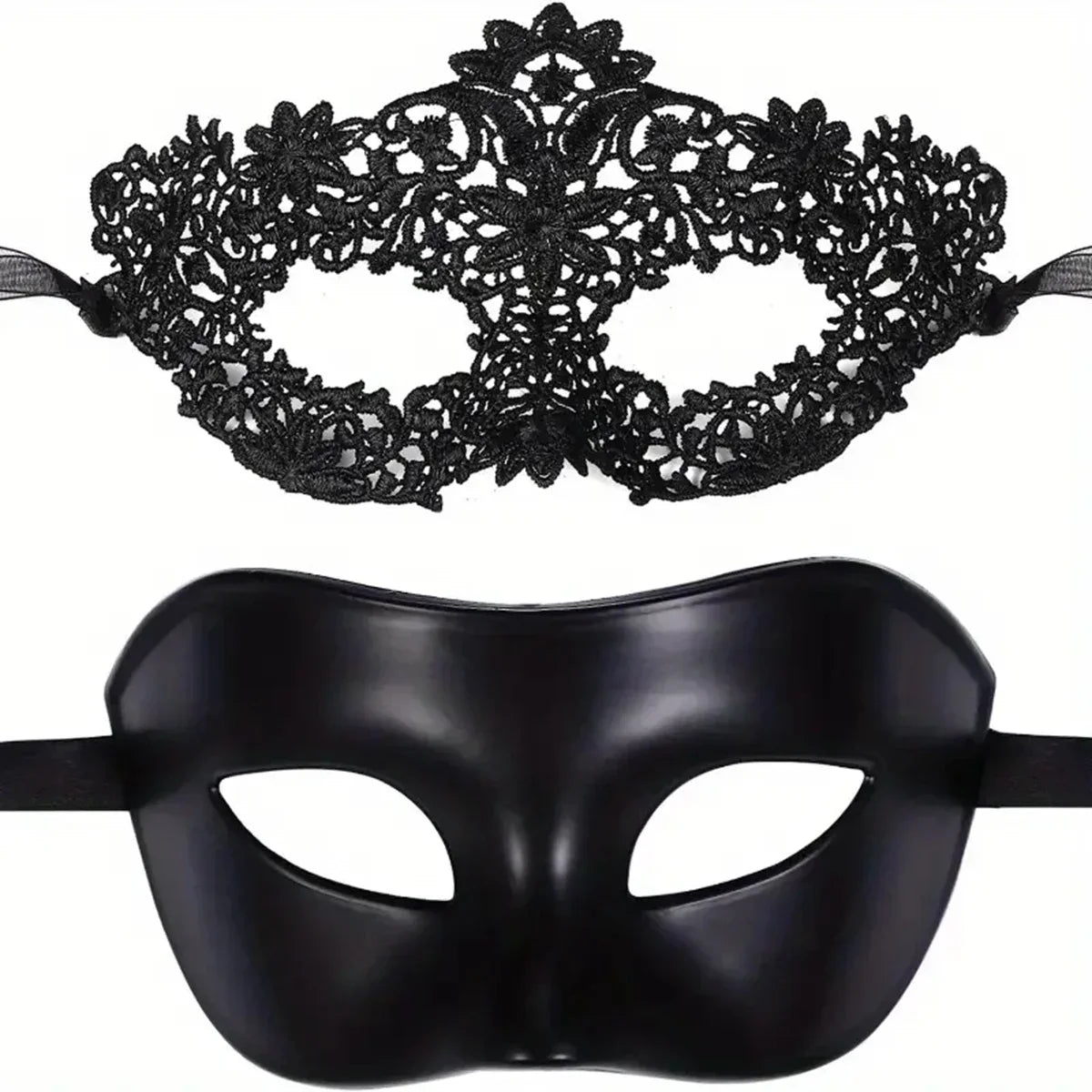 Elegant 2-Piece Black Lace Masquerade Mask Set