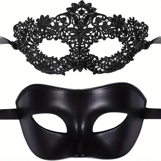 Elegant 2-Piece Black Lace Masquerade Mask Set