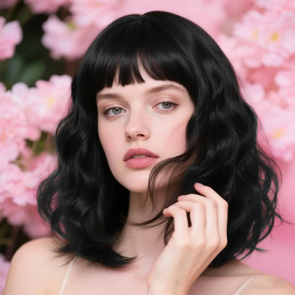 Women’s Natural Brown Short Wavy Bob Wig with Bangs