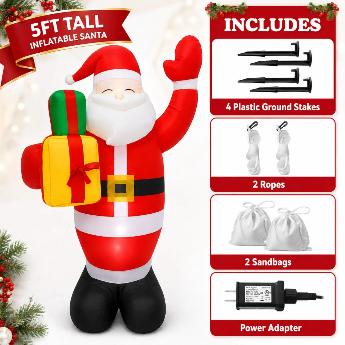 5 FT Christmas Inflatable Santa Claus - Outdoor Blow-Up Yard Decoration with Built-In LED Lights