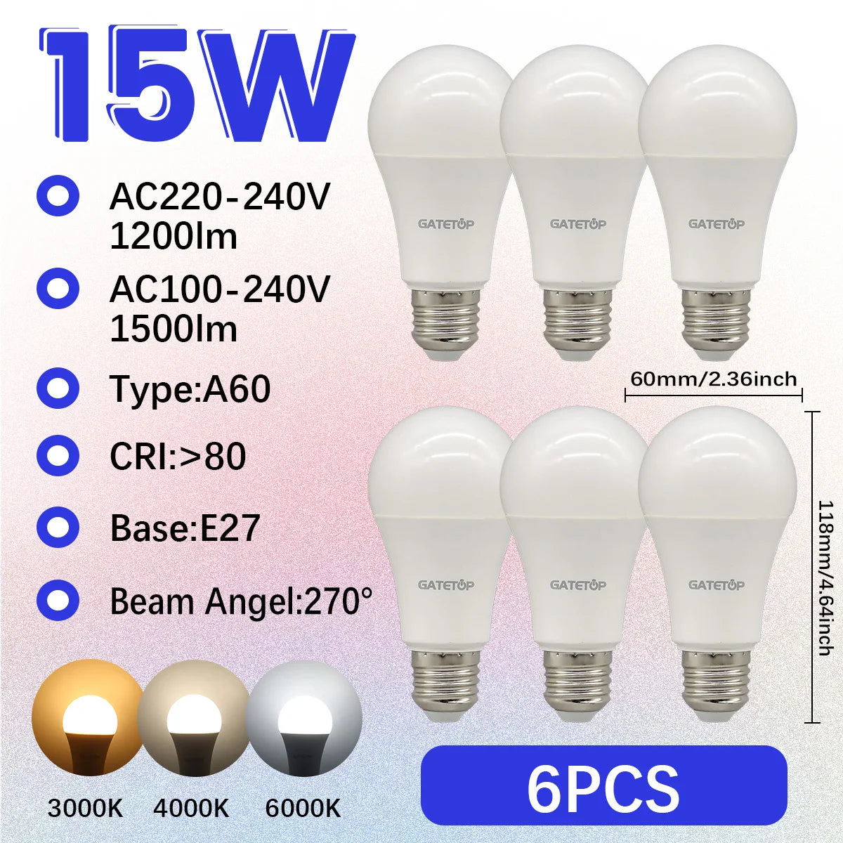 High-Efficiency Energy Saving LED Light Bulb – E27/B22 Base (15W / 3000K–6000K)