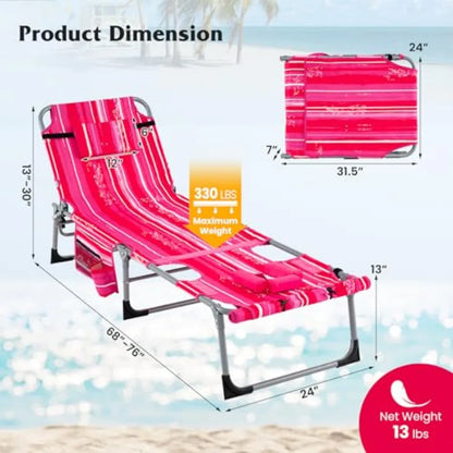 Pink Stripe 330LBS Capacity Beach Lounge Chair with Face Arm
