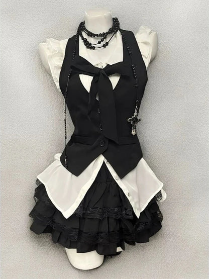 Retro Chic Bubble Sleeve Shirt + Slim Vest + Short Cake Skirt 3 Piece Set