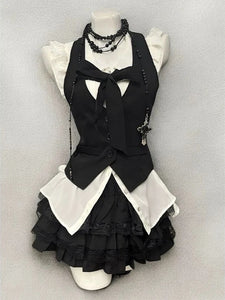 Retro Chic Bubble Sleeve Shirt + Slim Vest + Short Cake Skirt 3 Piece Set