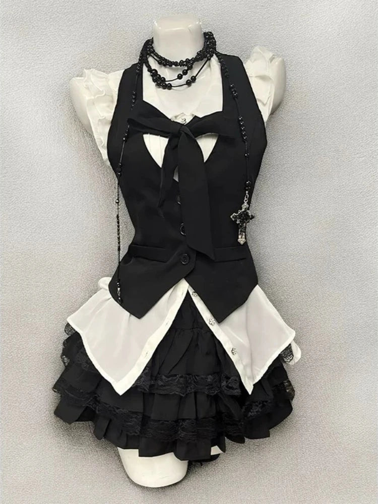 Retro Chic Bubble Sleeve Shirt + Slim Vest + Short Cake Skirt 3 Piece Set
