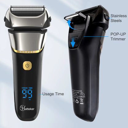Hatteker Cordless Electric Shaver – Wet/Dry USB Rechargeable Razor with LCD Display