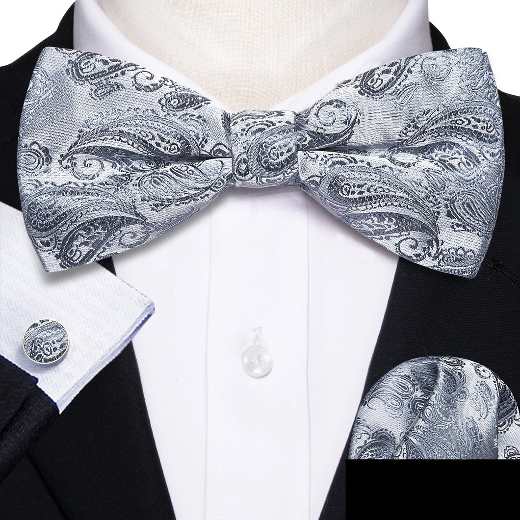 Barry.Wang Silk Bow Tie Hanky Cuffs Set