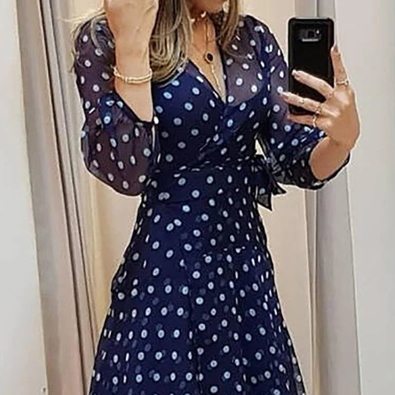 Elegant Dot Printing Dark Blue Pleated Irregular Evening Dress