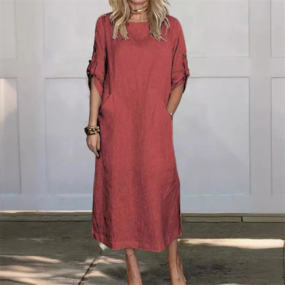 Women's Casual 3/4-Sleeve Cotton Linen Pullover Dress with Pockets