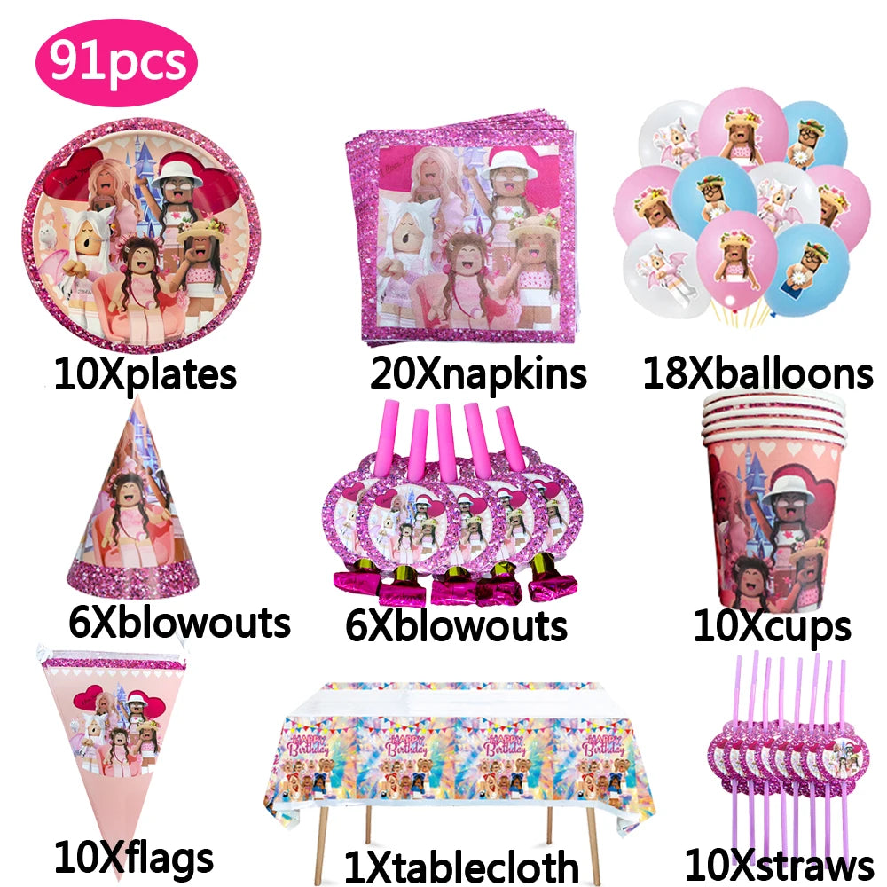 Pink Robloxed Theme Birthday Party Decorations Tableware Balloons Cups Plates Banner Backdrop Set