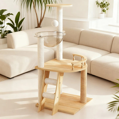 41.3" Modern Wood Cat Tower with Acrylic Space Capsule Hammock