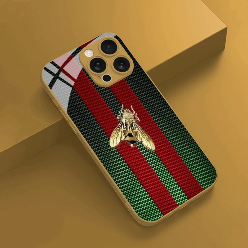 Luxury Metallic Stripe & Golden Bee Tempered Glass iPhone Case