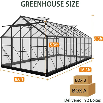 8x16Ft Polycarbonate Greenhouses with 4 Adjustable Roof Vents