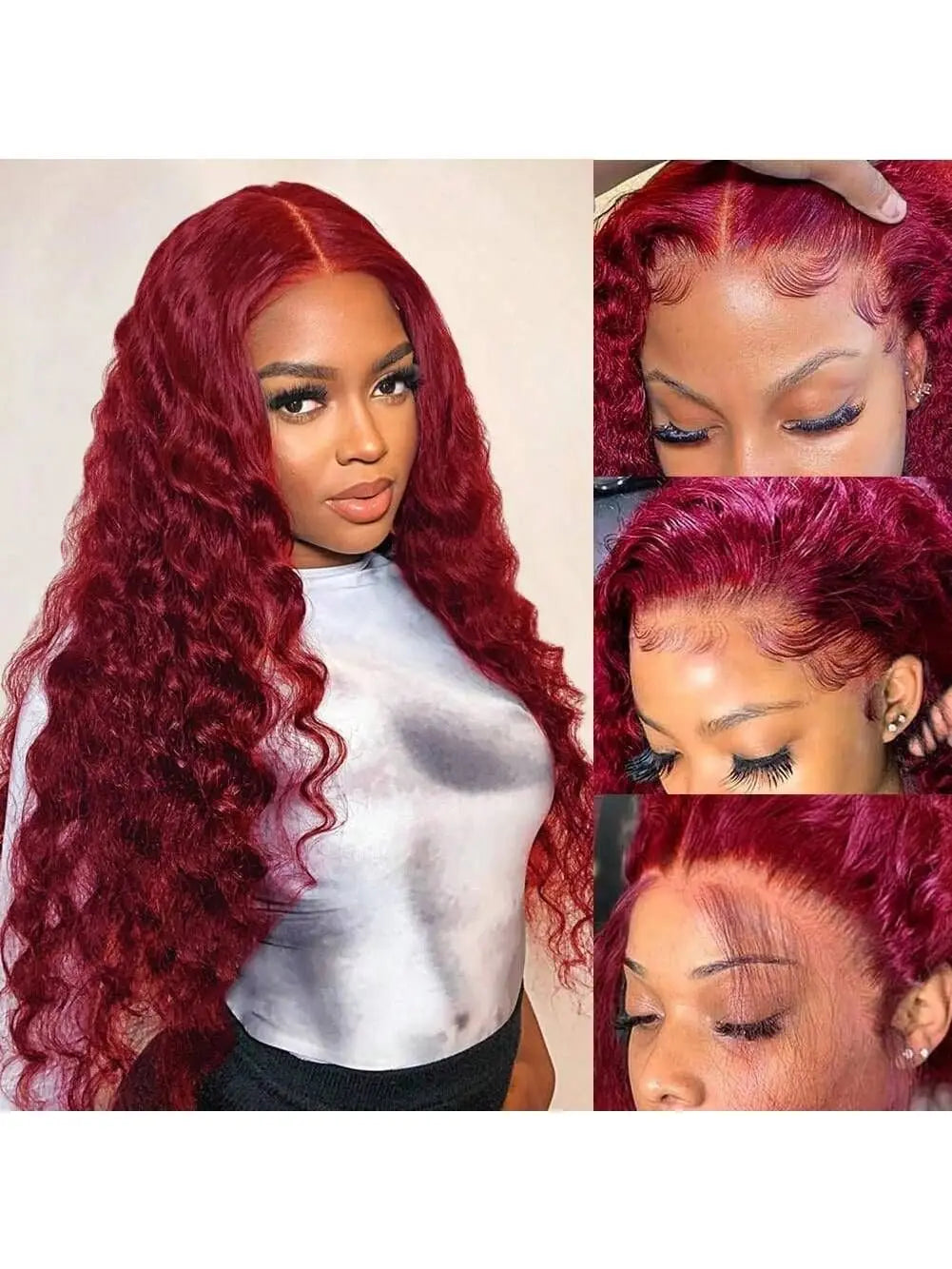 34" 99J Burgundy Wine Red Lace Front Wigs With Natural Deep Wave