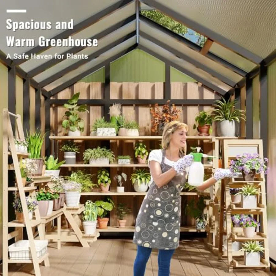 6X8FT Walk-in Greenhouse Kit with Aluminum Frame Polycarbonate Panels Adjustable Roof Vent Sliding Door Secure Lock