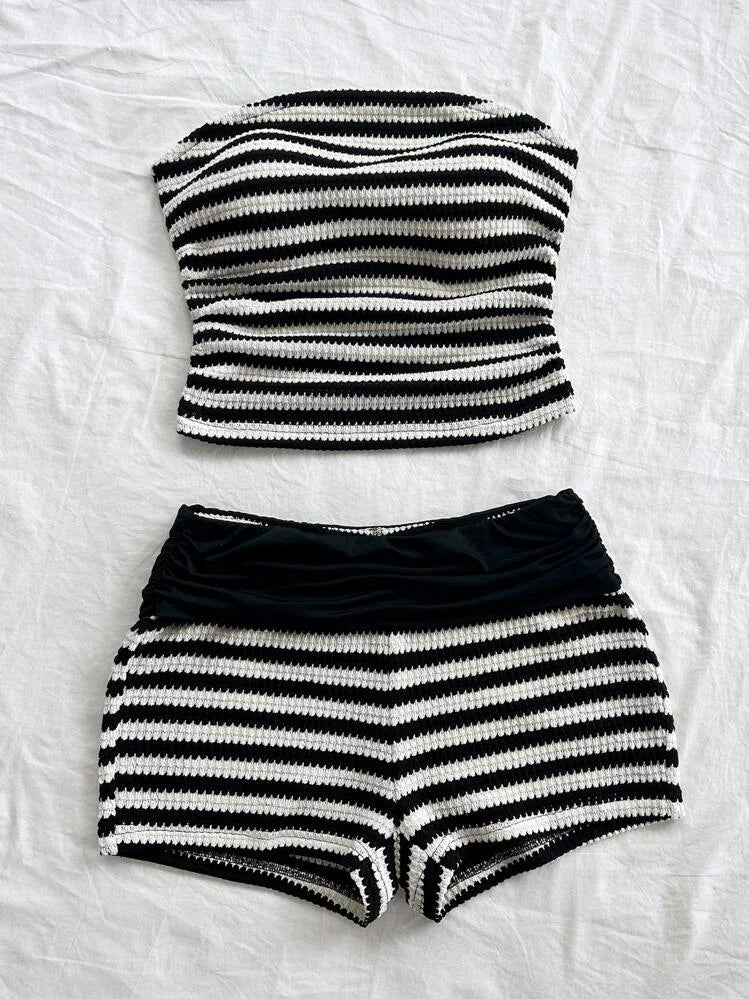Black and white Striped Strapless Shorts Set,
