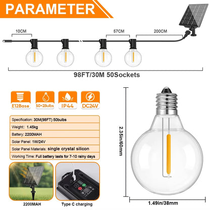 G40 Outdoor Solar String Lights with Remote & Shatterproof Bulbs