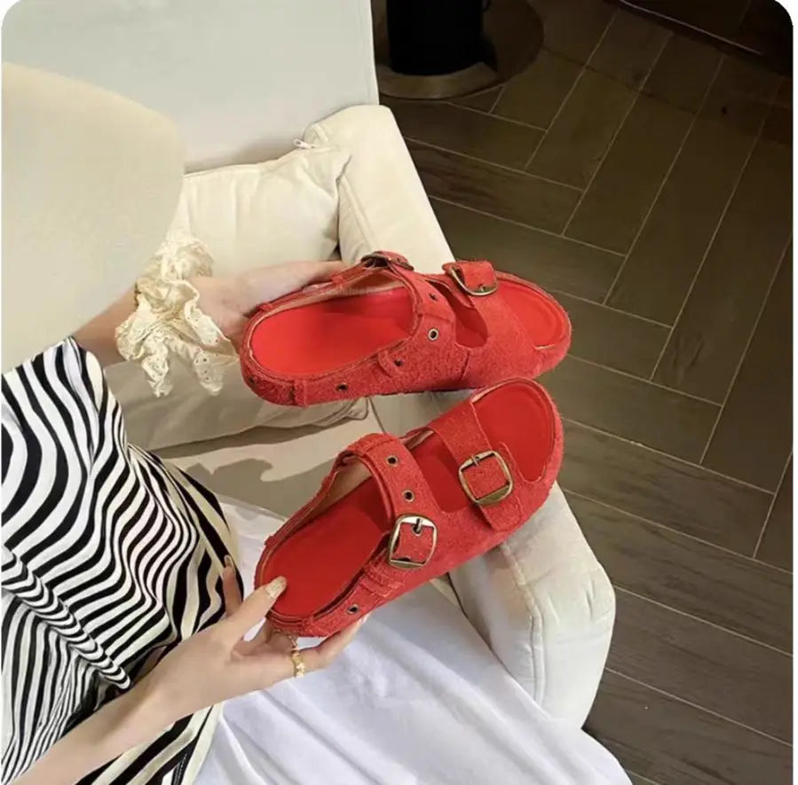Women’s Suede Leather Buckle Strap Clogs & Slide Sandals