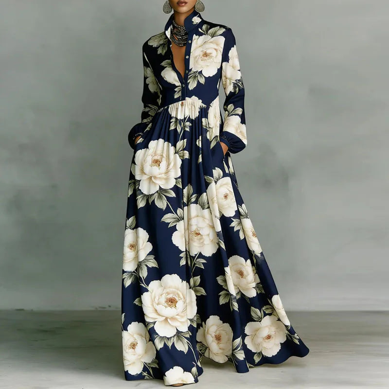 Women's Retro Print High-Waist Boho Shirt Dress