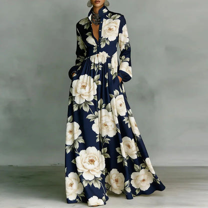 Women's Retro Print High-Waist Boho Shirt Dress