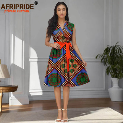 Designer Print Sleeveless High Waist Dress with Sash