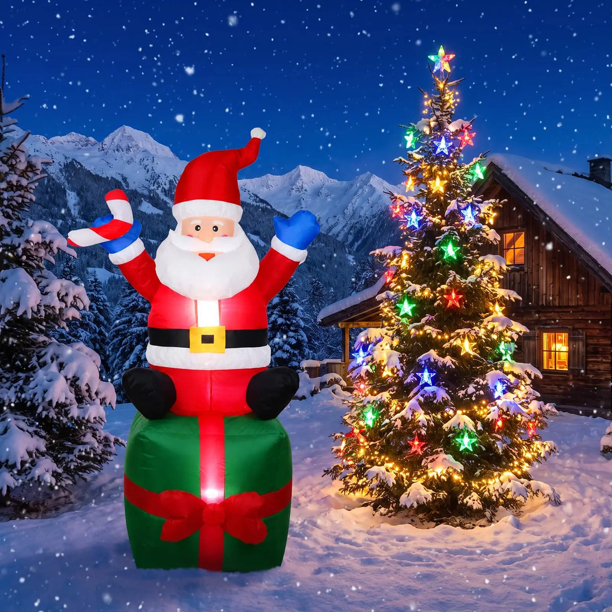 6FT Inflatable Santa Claus Sitting on Gift Box with Candy Cane