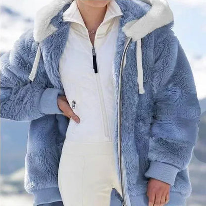 Women's Oversized Plush Hooded Zip-Up Cashmere Streetwear Coat