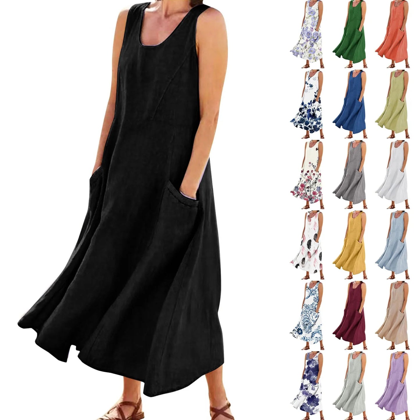 Women's Casual Sleeveless Cotton Linen Long Maxi Dress with Pockets