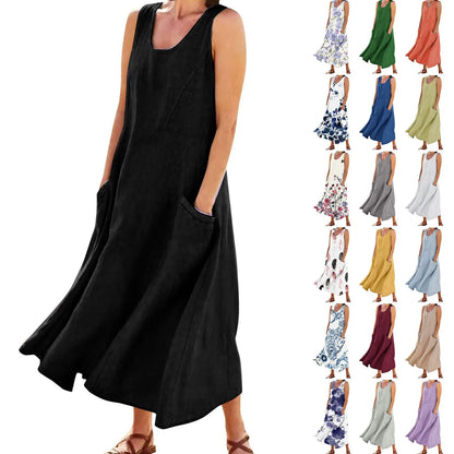 Women's Casual Sleeveless Cotton Linen Long Maxi Dress with Pockets