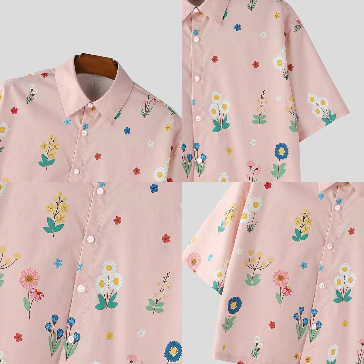 Men’s Cropped Floral Print Button-Down Shirt – Summer Vintage Casual Short Sleeve