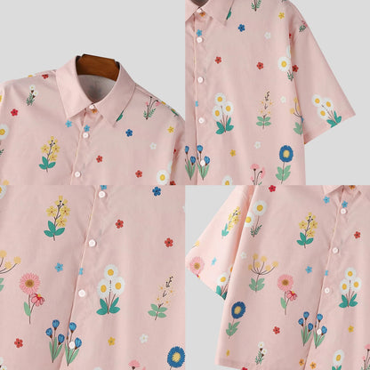 Men’s Cropped Floral Print Button-Down Shirt – Summer Vintage Casual Short Sleeve