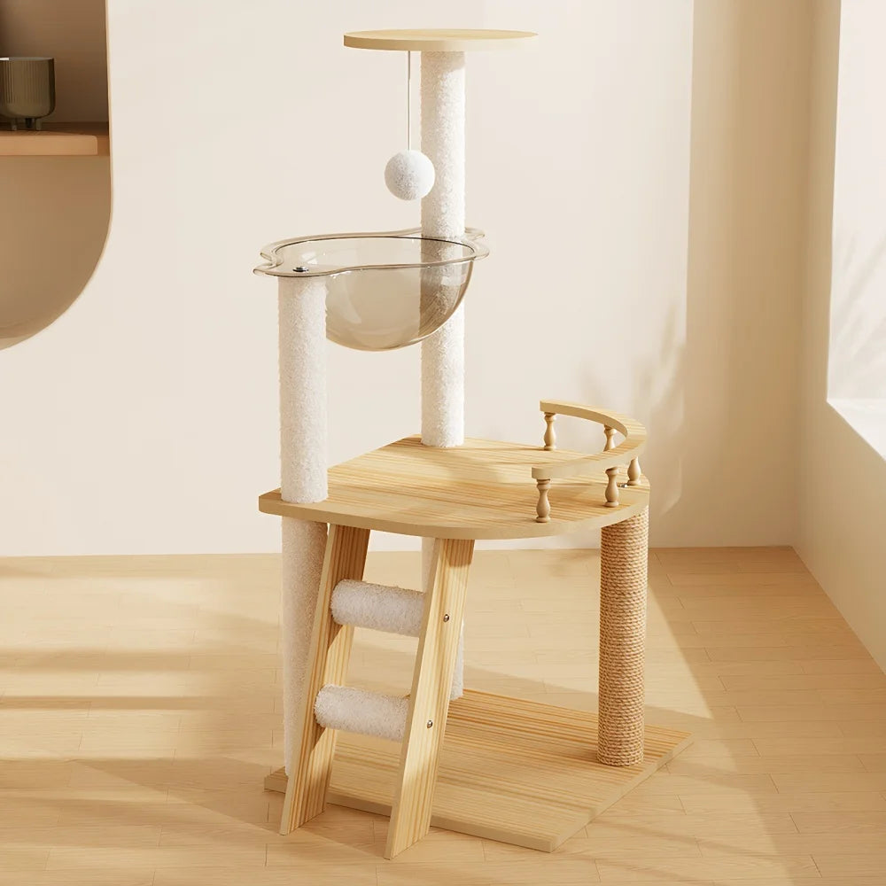 41.3" Modern Wood Cat Tower with Acrylic Space Capsule Hammock